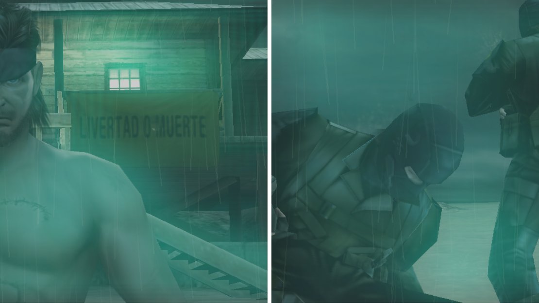 We got Big Boss (Naked Snake) on the left side with his snake-like scar left by The Boss and his patch on the right eye and his army (Militaires Sans Frontières) training on the right.