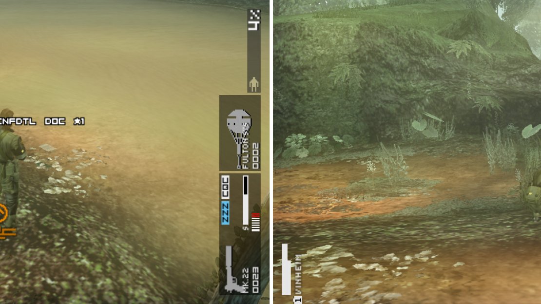 Confidential Document is a little piece of paper near the riverbed (left picture). A soldier is coming from the north so hide behind a tree to avoid being spotted (right picture).