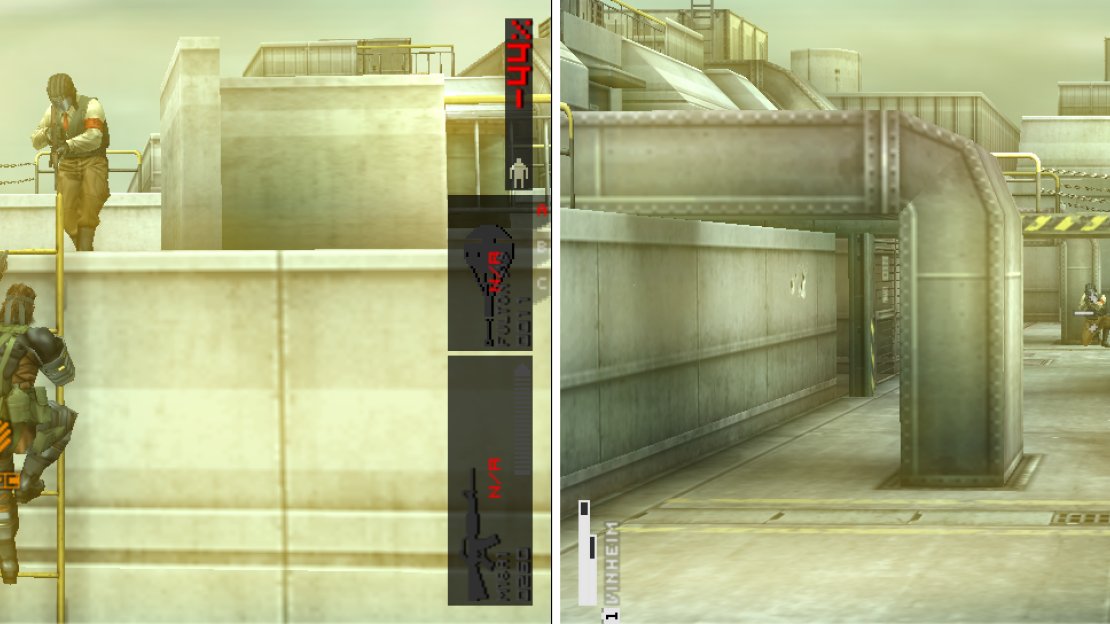 You can CQC the enemies from the ladder (left picture). Be careful of the sniper on the east side (right picture).