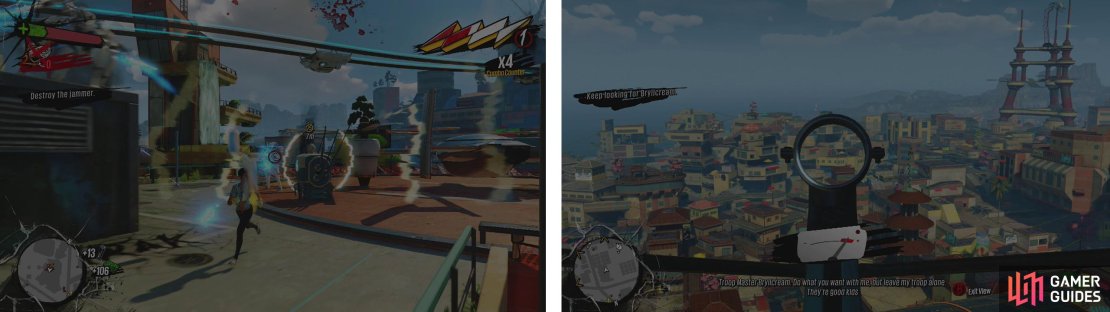 Clear out the Fizzco Bots and destroy the jammer (left) before climbing to the next radar scope (right) to locate Bryllcream.