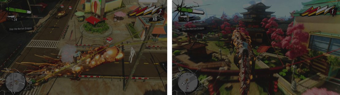 Shoot the spikes off the dragon&rsquo;s back (left) before jumping on and grinding up to his head (right) for a melee blow.