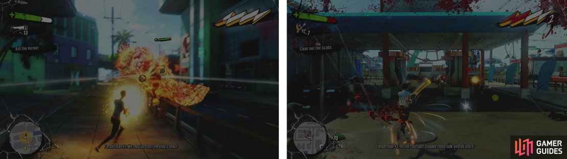 Escort the crew back to base, killing the Herker (left) and clearing the Gas Station (right) as you go.