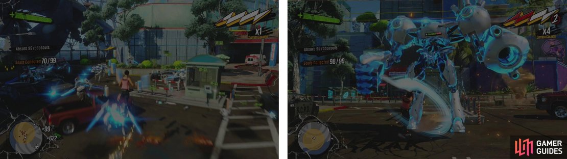 Use your ridiculously overpowered sword to eliminate 98 Fizzco Bots (left). Then go one-on-one with a Tank Bot (right).
