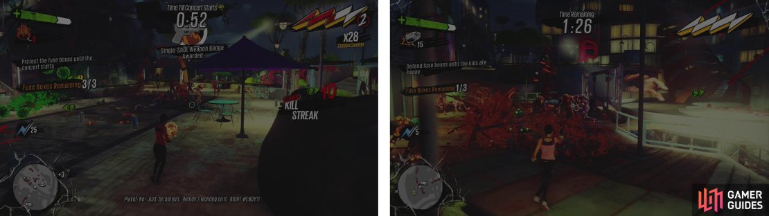 You can attempt to stall enemies (left) and defend all three fuse boxes, but your best bet is to pick a single fuse box and defend it (right).