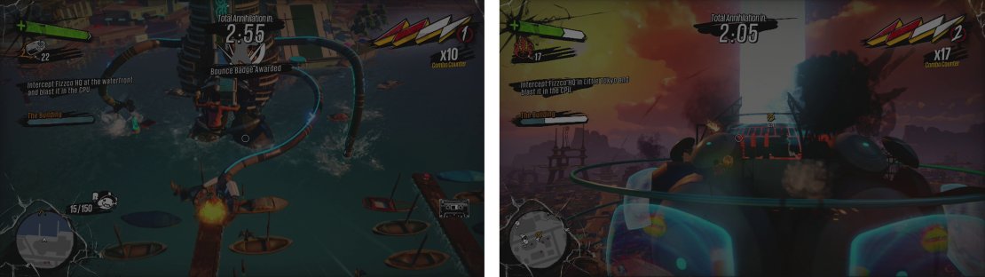 At each location the boss stops, find a way onto the bosses&rsquo; tentacles (left) and grind your way to the top to attack the core (right).