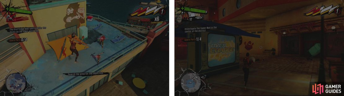 The first fridge is on a balcony (left). The second is laying in the doorway of a shop in the outdoor mall (right).
