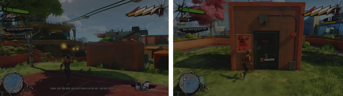 Destroy all eight Pop Rocket Turrets (left) and then return to the door (right) for a scene.