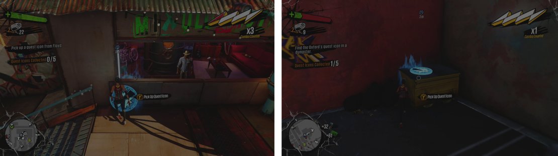 After talking to the Hobo the icon will be at the Brewery (left). The second icon is found behind the Oxford&rsquo;s Base (right).