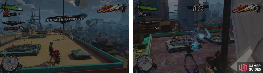 You&rsquo;ll find the final two flags on rooftops in the Central (left) and Southeast areas (right).