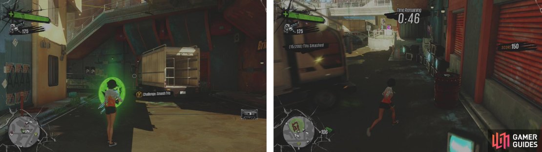 You can begin the challenge here (left). Hit the two groups of explosive barrels at ground level to save a bit of time (right).