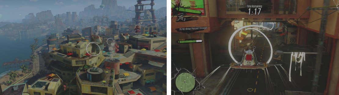 We’ll need to fly through a series of rings (left). Watch out for the garbage truck when flying beneath the overpass (right).