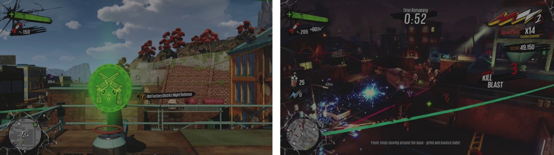 You can begin the challenge at the Valve (left). Grind back and forth on the wires overlooking the carpark whilst defending the barricades (right).