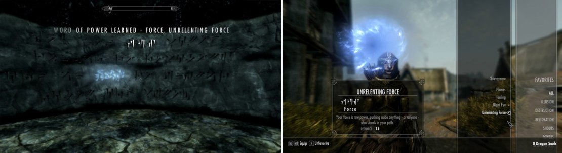As you explore Skyrim you&rsquo;ll find &ldquo;Word Walls&rdquo; which contain fragments of Thu&rsquo;um. Simply put, approach these relics to learn new shouts (left). Shouts can be equipped like any spell, and have a cooldown period between uses (right).
