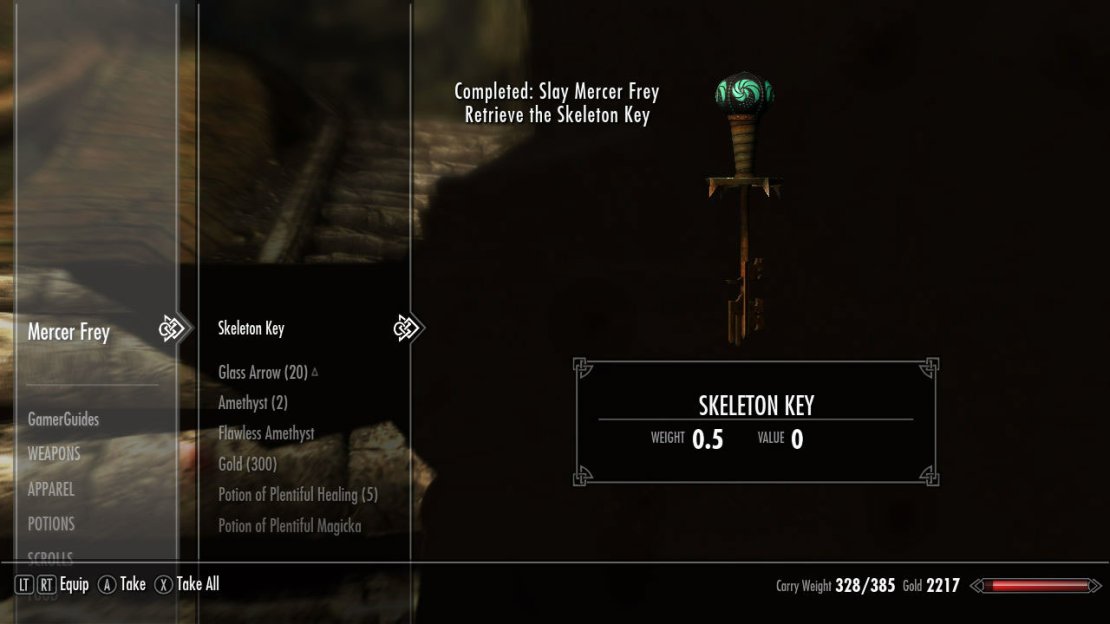 Note: The SKELETON KEY can open ANY LOCK. Any lock at all. The next quest will take it away from us, but between now and then&hellip; it is yours to enjoy. Take advantage of it! This is a supremely over-powered tool at your disposal. The Skeleton Key functions like a lockpick, but it won&rsquo;t break no matter what. This means you have an unlimited amount of tries and time to open any lock you run across.