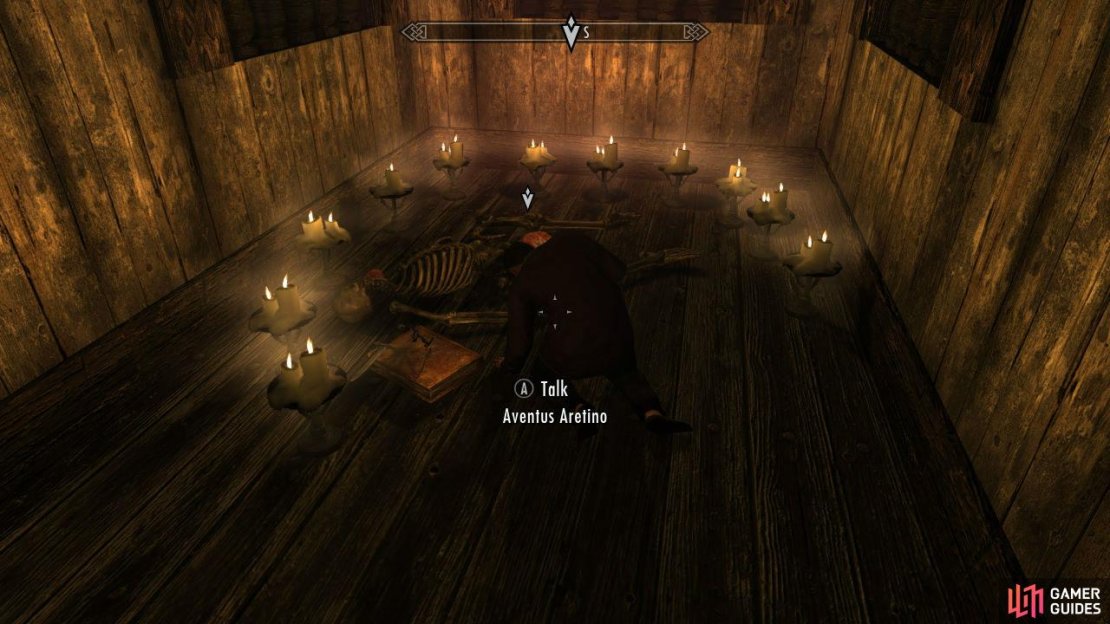To find Aventus, head to the city of Windhelm. There follow the quest marker to find the Aretino Residence. Young Aventus is chanting the dark sacrament over and over: “Sweet mother, sweet mother, send your child unto me for the sins of the unworthy must be baptized in blood and fear.”
