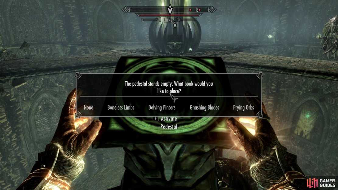 You&rsquo;ll need to match the books up with the appropriate pedestal to unlock the final book leading to Miraak. Simply check that the image on the pedestals match the cover of the book. Once done, the final book will appear in the center for you to read.
