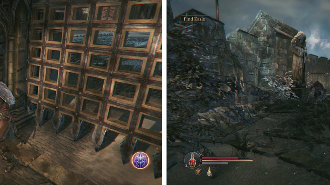 Pull the lever to open the gate (left). Enter the area and place the Shard of Heroes in your statue of choice before killing the enemies (right).
