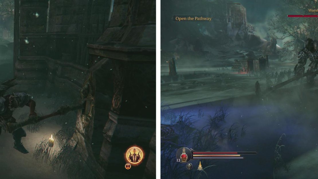 Pull the lever (left) and enter the graveyard to fight the Worshiper (right).