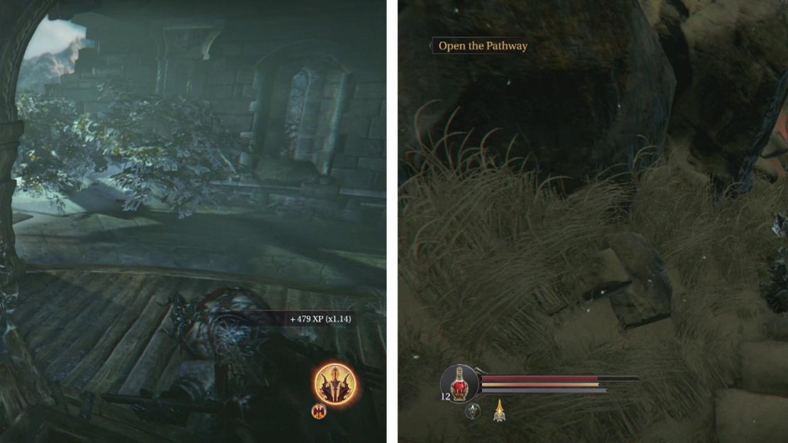 From the Burned Watchtower drop down from the broken wall to a path below (left). here you’ll find a chest and an Audio Note (right).