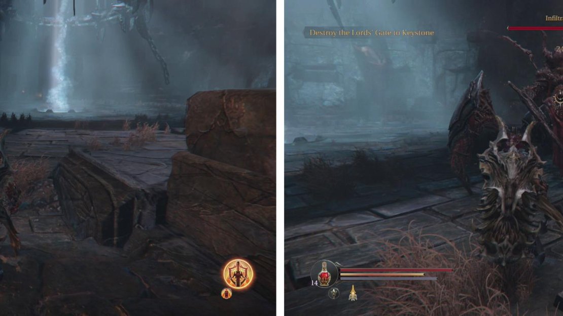 Approach the blue beam of light (left) to encounter the Infiltrator (right).