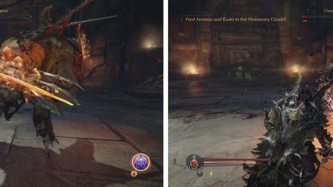When the boss enters ‘Rage Mode’ his weapons will catch alight (left). At the end of the fight, his subterranean attack will change into a spinning blade (right).