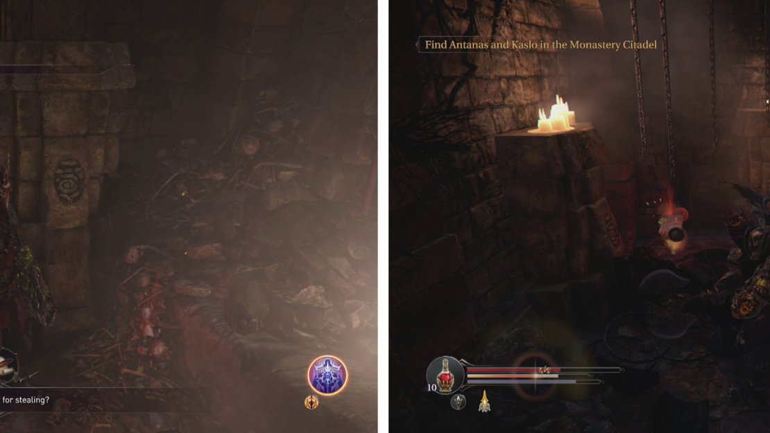 Climb the stairs to the left of the exit (left). At the top you’ll find a shortcut to the Cell circle and an Audio Note (right).
