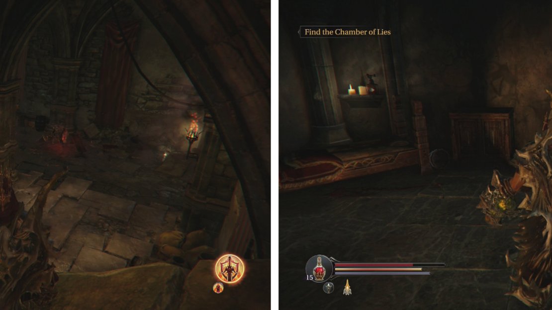 The Curse Sword is in the Old Quarters (left) guarded by a rogue and a Crossbowman. This wall can be broken (right), the pressure plate in the previous room will open the door inside.