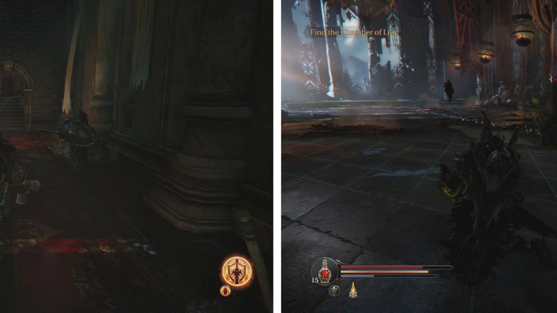 Speak with the guard in the Main Hall (left) and then enter the Initiation Room to fight the Poison Beast (right).