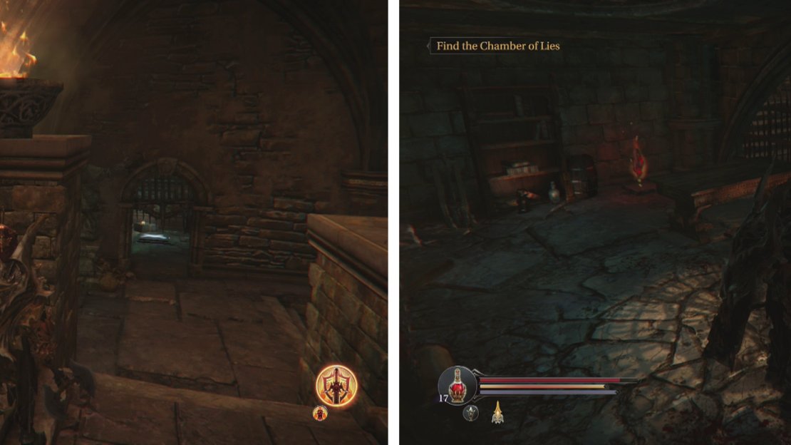 Roll under the half-open gate for a pressure plate (left). Enter the door it opens, kill the Spider and interact with the glowing coccoon (right) for a quest item.