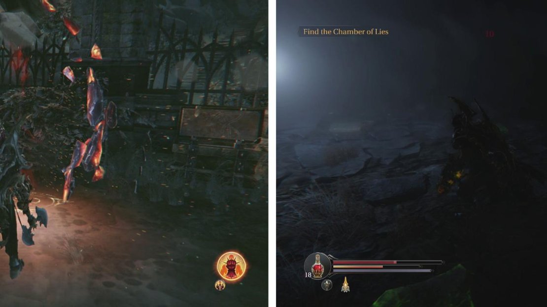 Enter Loot Crystal #6 (left) by the portal to the Rhogar Temple. Inside, follow the light and avoid the green tiles (right).