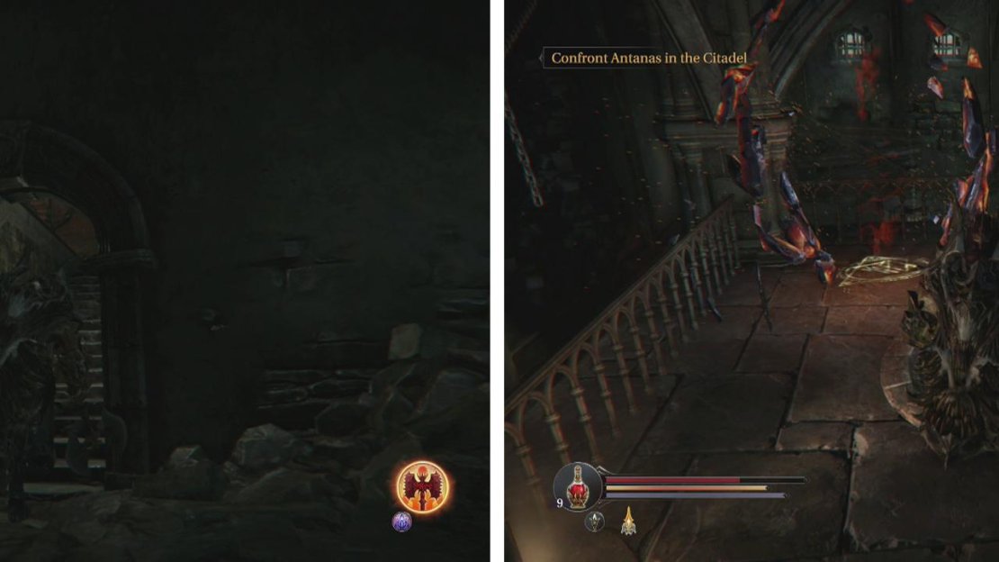 Exit the Flooded Hallways via the available stairway (left). On the next floor up you’ll find the final Loot Crystal (right).