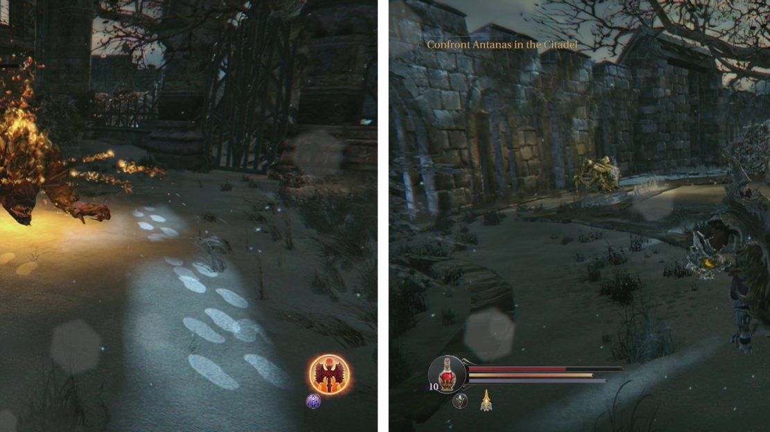 Clear out the Fire Beast and his friends (left) before looting the chests behind the main building (right).