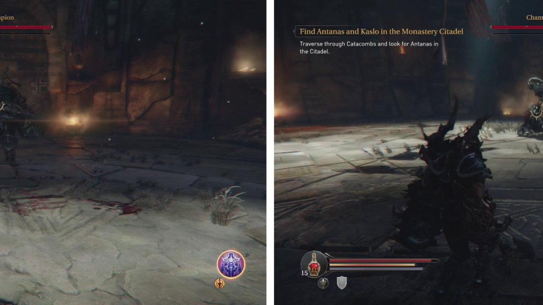 enter the Monster Prison to meet the champion (left). When he punches the ground, avoid the subterranean projectiles it causes (right).