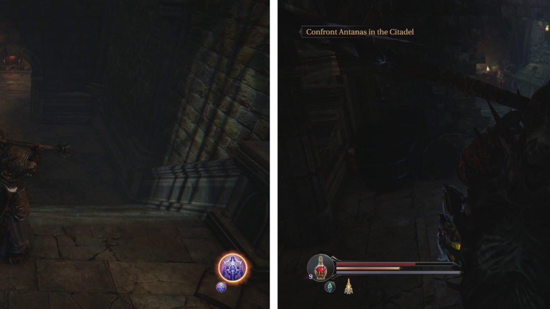 Halfway down the stairwell next to the Initiation Room are some doors (left). Inside you’ll find a weak wall (right).