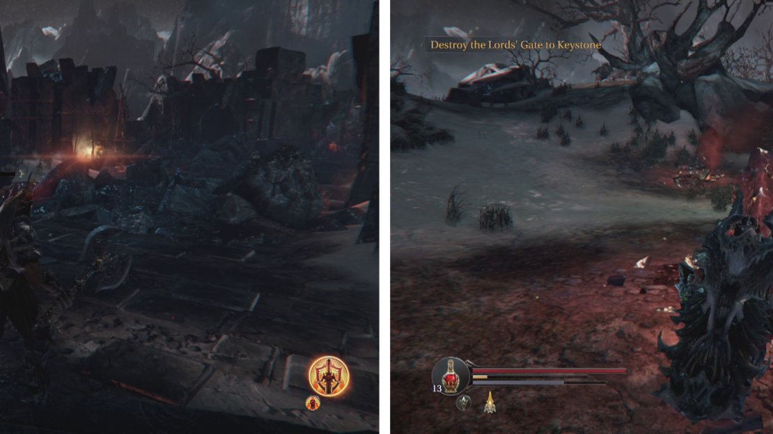 Attack the Demon Hound on the Panorama until it runs off (left). Make your way to the firey debris area in the Abandoned Range to find it with some friends (right).