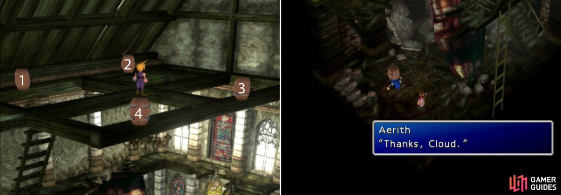 Push the barrels over in the correct order to thwart Shinra&rsquo;s pursuit (left) and earn Aeris&rsquo;s gratitude (right).