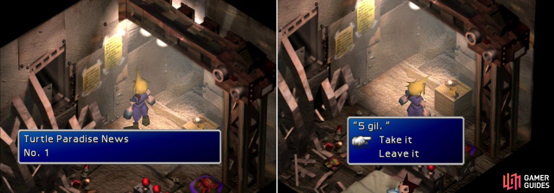 Read the Turtle&rsquo;s Paradise Newsletter here to get a reward later in the game (left), but don&rsquo;t steal the boy&rsquo;s 5 Gil; it&rsquo;ll mature into a better prize shortly (right).