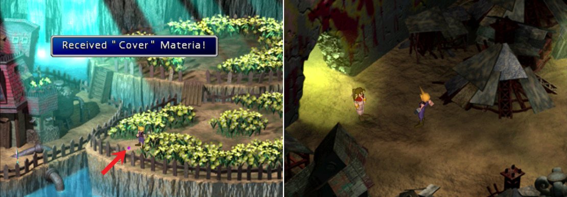 Pick up the Cover Materia in Aeris&rsquo;s garden (left) then do your best to sneak to Sector 6 without rousing Aeris&hellip; (right).