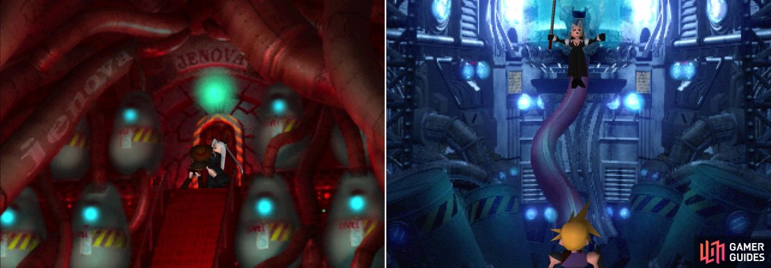 A young Tifa tries to attack Sephiroth, with predictable results (left). Cloud ends his story with a terrible cliff-hanger (right).
