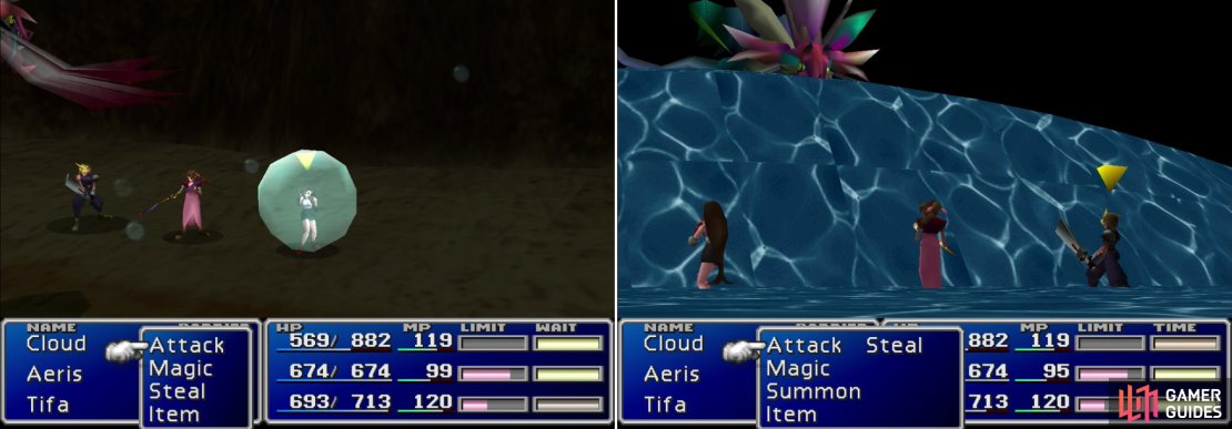 A character trapped in Bottomswell&rsquo;s &ldquo;Waterpolo&rdquo; will constantly take damage (left). It&rsquo;s &ldquo;Big Wave&rdquo; attack will hit the entire party, like Aps&rsquo; &ldquo;Sewer Tsunami&rdquo;, save Bottomswell is wise enough not to hit itself (right).