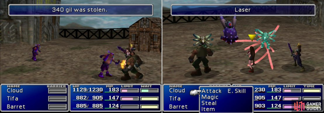 Bandits, while not dangerous, can steal valuable items from you (left). You can try out the newfound Manipulate Mtaeria to learn the “Laser” Enemy Skill (right).