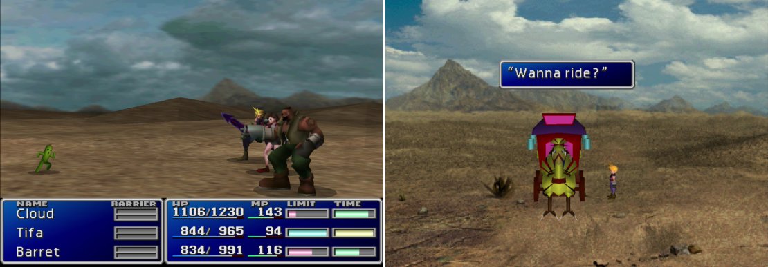 If you brave the deserts and are fortunate enough to encounter a Cactuar, killing one will earn you 10,000 Gil (left). If you get lost in the desert, keep exploring until you find the mysterious Chocobo carriage (right). It’ll take you back to Corel Prison.