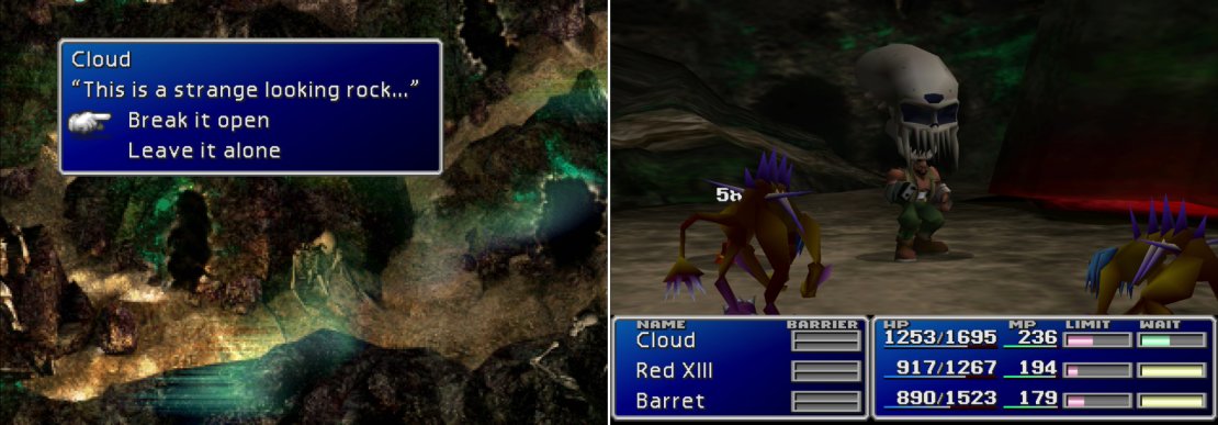 Break open the rocks in hte caves to open the way to the next area (left). A number of nasty creatures in the Cave of the Gi will be only too happy to teach you the “Death Sentence” spell (right).