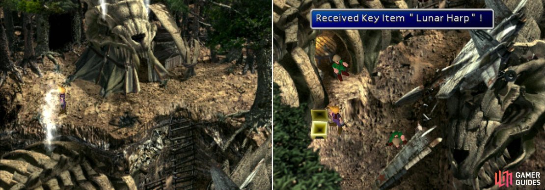 To find the Lunar Harp, dig near the edge of the chimney&rsquo;s smoke on the upper level (left). If you picked the right spot, you&rsquo;ll gain the Lunar Harp from the chest (right).