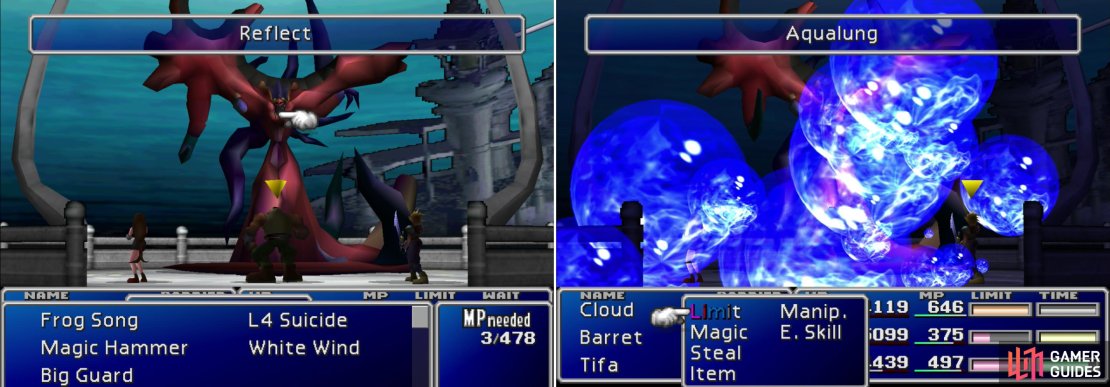 Once struck by magic, Jenova-LIFE will respond by casting &ldquo;Reflect&rdquo; (left). She also knows the &ldquo;Aqualung&rdquo; Enemy Skill (right).