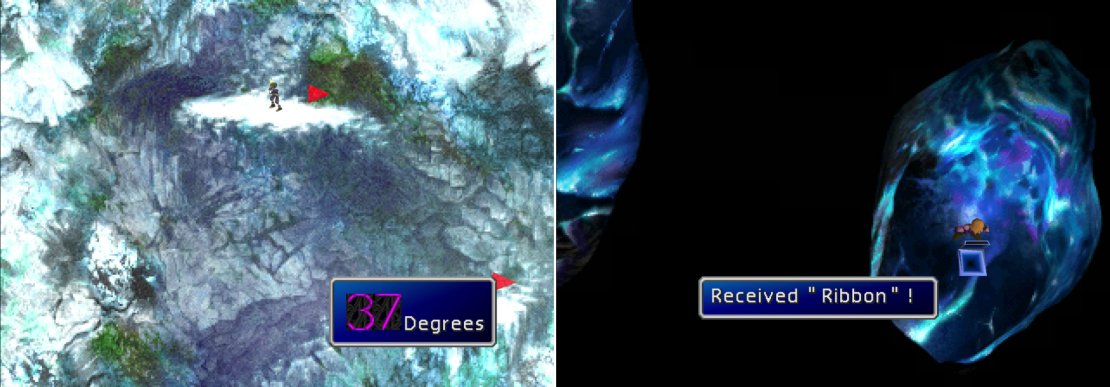 While scaling the outside of Gaea&rsquo;s Cliff, warm up on ledges to prevent yourself from passing out (left). Be sure to grab the hidden Ribbon in the first of the caves in Gaea&rsquo;s Cliff (right).