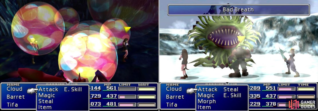 The Stilva knows the &ldquo;Magic Breath&rdquo; Enemy Skill, as well as Trine (left). The Malboro, a series staple, will use its signature &ldquo;Bad Breath&rdquo; Enemy Skill on you (right).