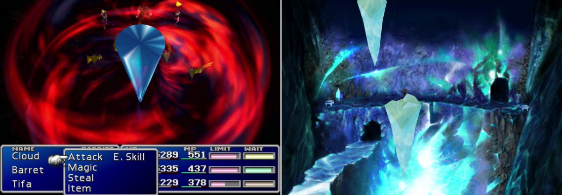 A single casting of &ldquo;Beta&rdquo; will wipe out Icicles and their attendant Evilheads (left). Destroy an Icicle and it&rsquo;ll fall to the level below and create platforms for you to leap on (right).