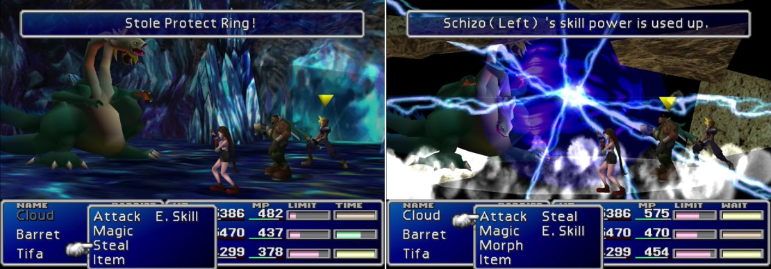 Steal a Protect Ring from Schizo&rsquo;s right head (left). When you destroy each head, they&rsquo;ll counter with a final attack (right).