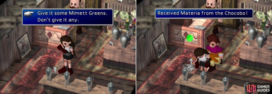 Give the greedy Chocobo some Mimett Greens and scratch behind its ear (left). For pleasing the Chocobo it&rsquo;ll reward you with Contain Materia (right).